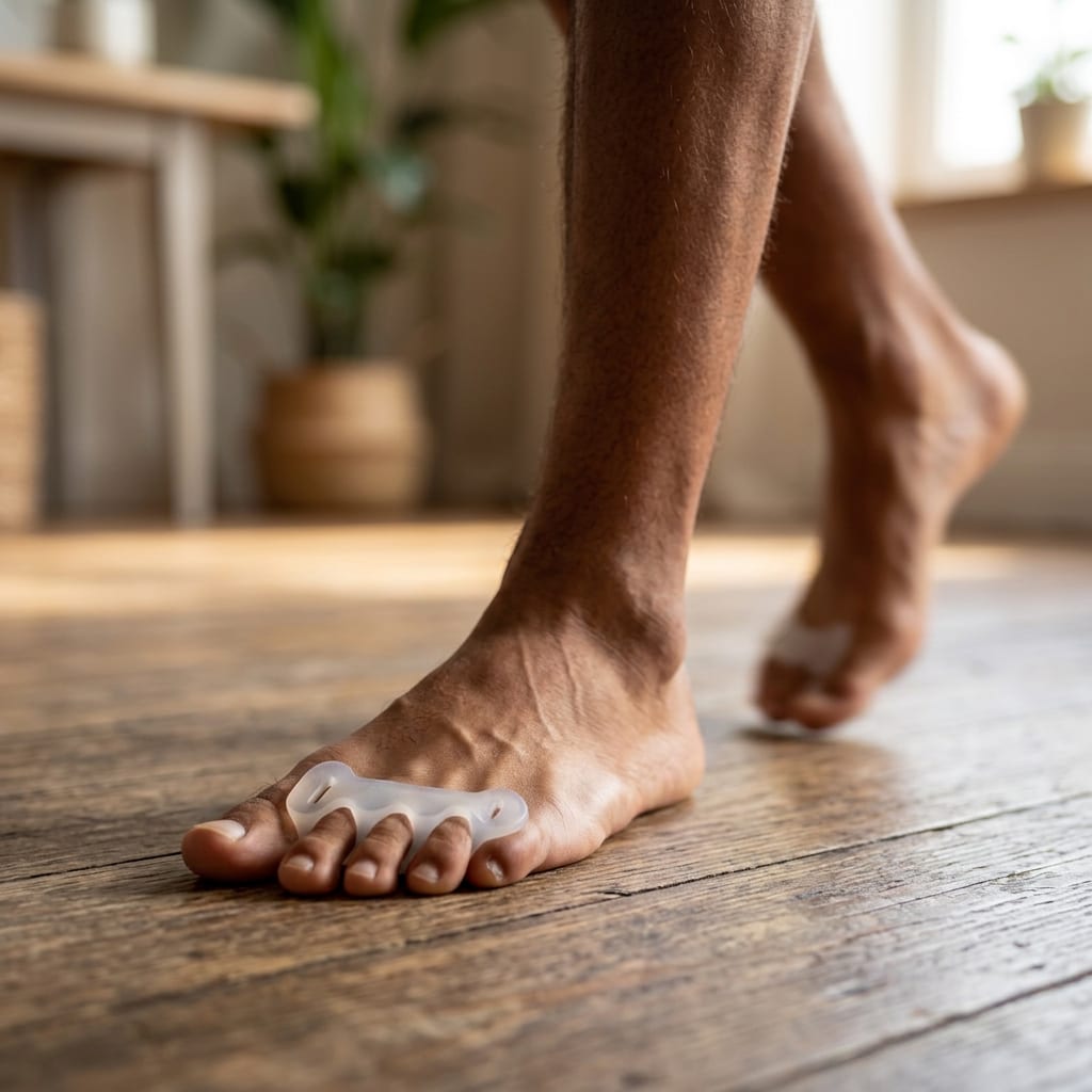 Nackte Füße mit Barebase Zehenspreizern beim Gehen über einen Holzboden