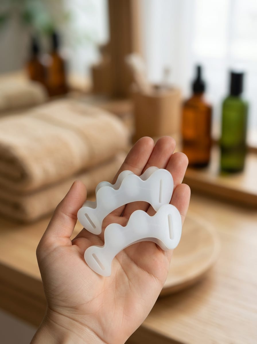 Eine Hand hält zwei Barebase Zehenspreizer in einer ruhigen Spa-Umgebung, im Hintergrund Handtücher und Pflegeprodukte