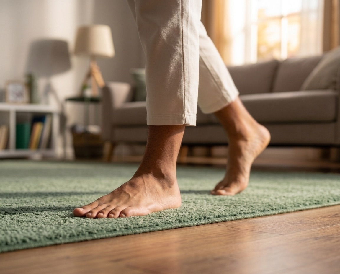 Iemand loopt op blote voeten over een groen vloerkleed in een zonnige woonkamer