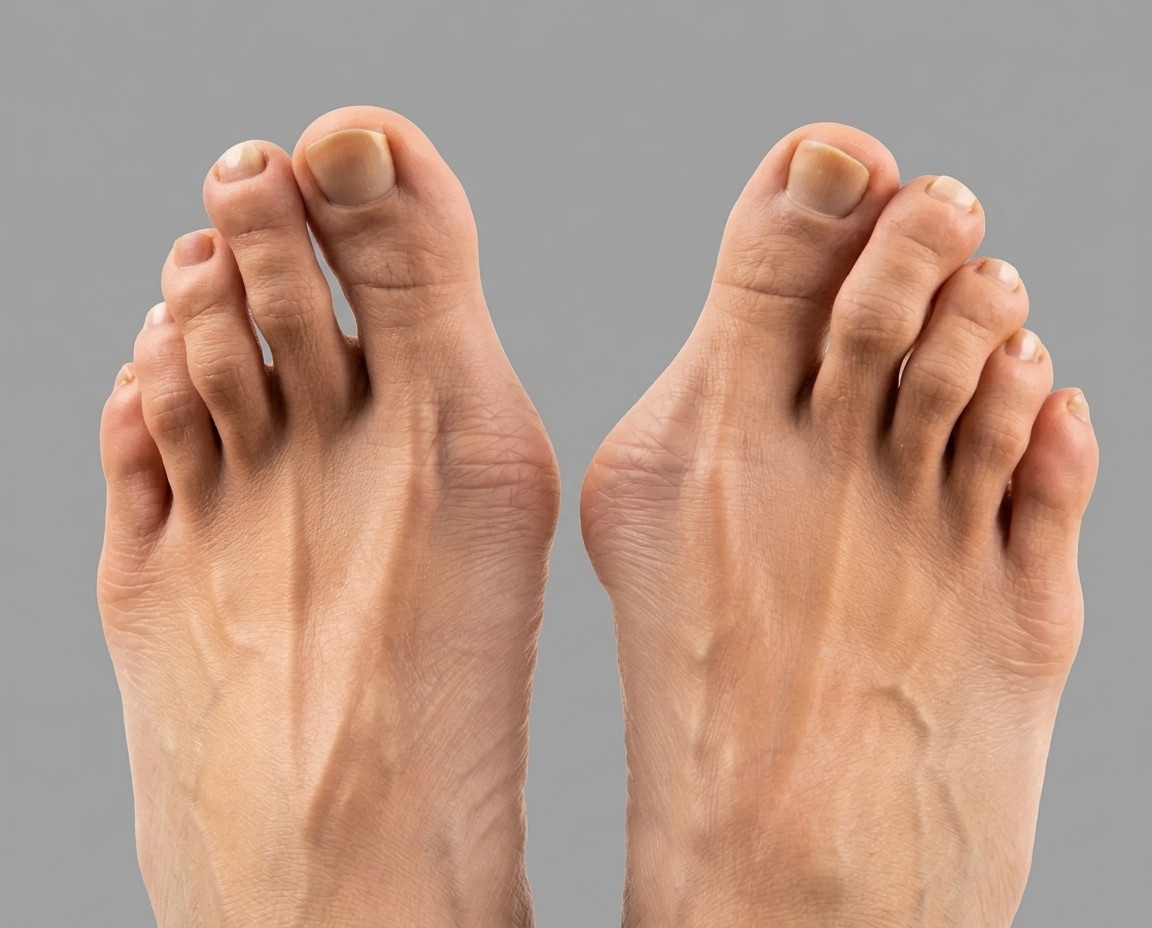 Twee blote voeten van bovenaf met hallux valgus: de grote tenen staan scheef naar de andere tenen toe