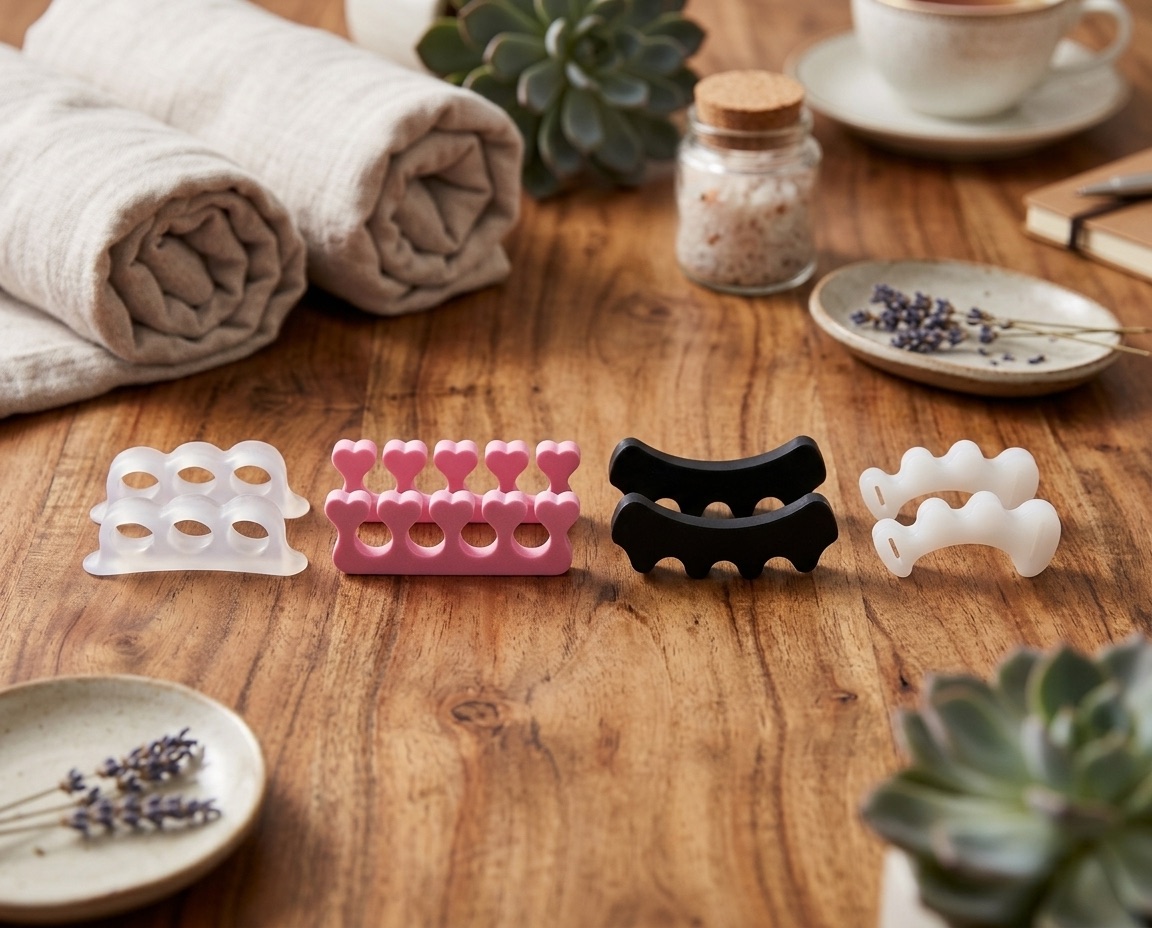 Vier verschillende teenspreiders in uiteenlopende materialen en kleuren naast elkaar op een houten tafel