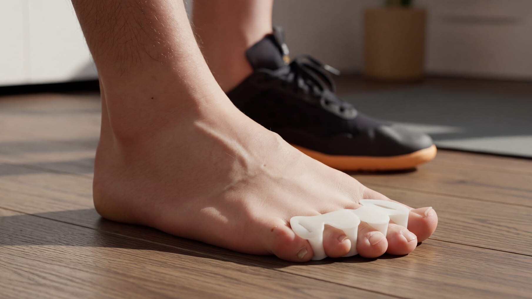 Blote voet met een siliconen Barebase teenspreider, met een barefoot-schoen op de achtergrond