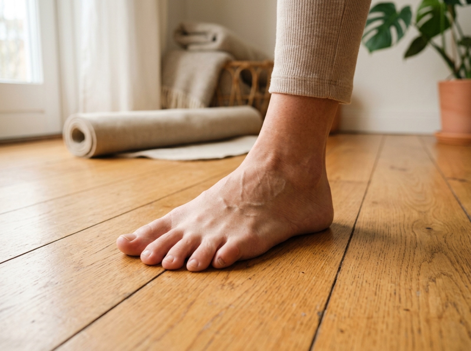 Blote voet op een houten vloer die de tenen spreidt, met een opgerolde oefenmat op de achtergrond