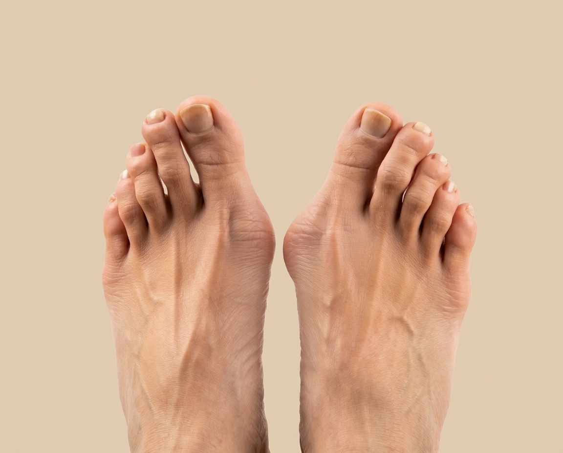 Twee blote voeten met hallux valgus: een scheve grote teen met een knobbel aan de binnenkant van elke voet