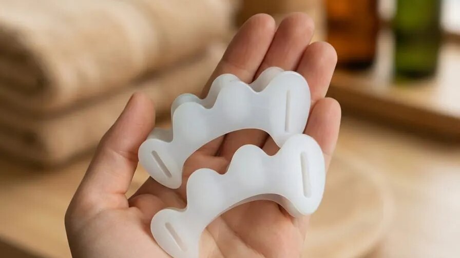 Twee siliconen Barebase teenspreiders op een open hand, met een rustige wellness-achtergrond