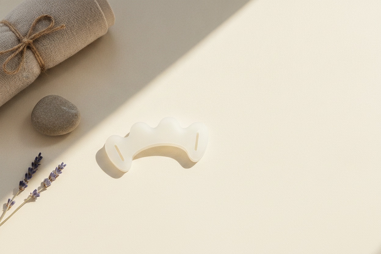De witte translucent siliconen Barebase teenspreider op een warme ondergrond met linnen, een steen en lavendel
