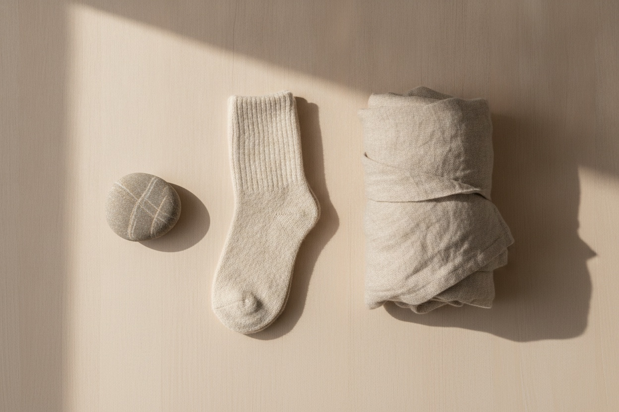Rustige comfort-flatlay met wollen sokken, gevouwen linnen en een steen op warm hout
