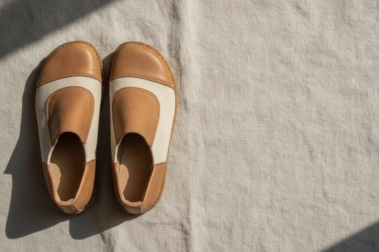 Paar minimalistische schoenen met brede ruime neus op warm linnen